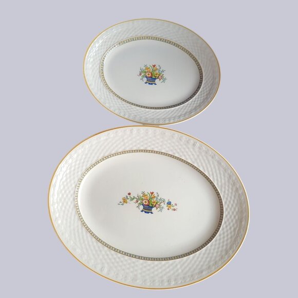 Carlton China Oval Serving Platters Set/2 White W/ Gold Trim & Floral Grindley - Picture 1 of 11